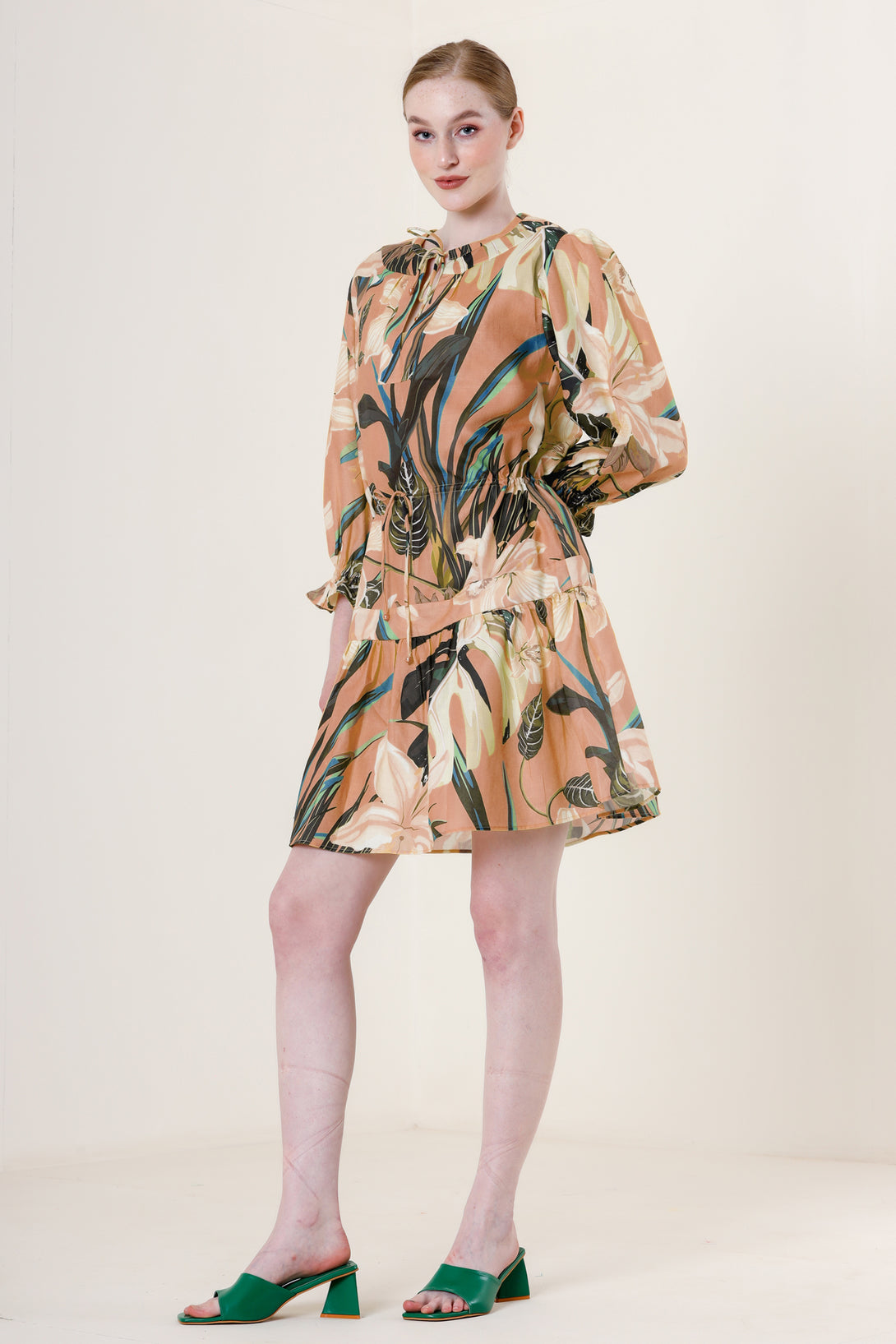 dress in beige, ladies knee length dresses, printed mini dress, HT 360 Collective,