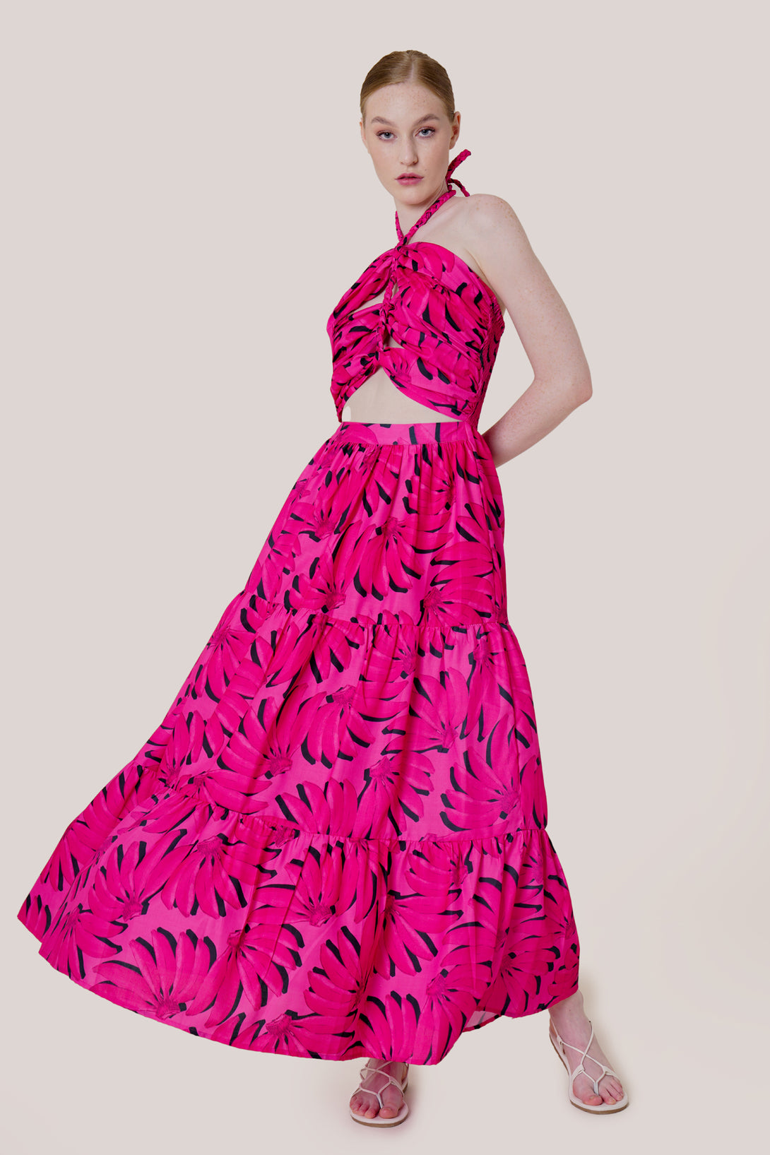 pink dress for women, long dress with cut out sides, multi coloured maxi, HT 360 Collective,