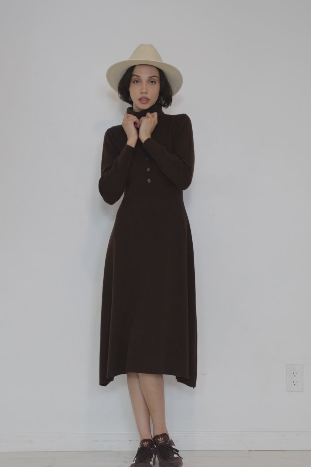 ladies knitted dress, knit midi dress with sleeves, HT 360 Collective, dark brown knit dress, knit dress for women,