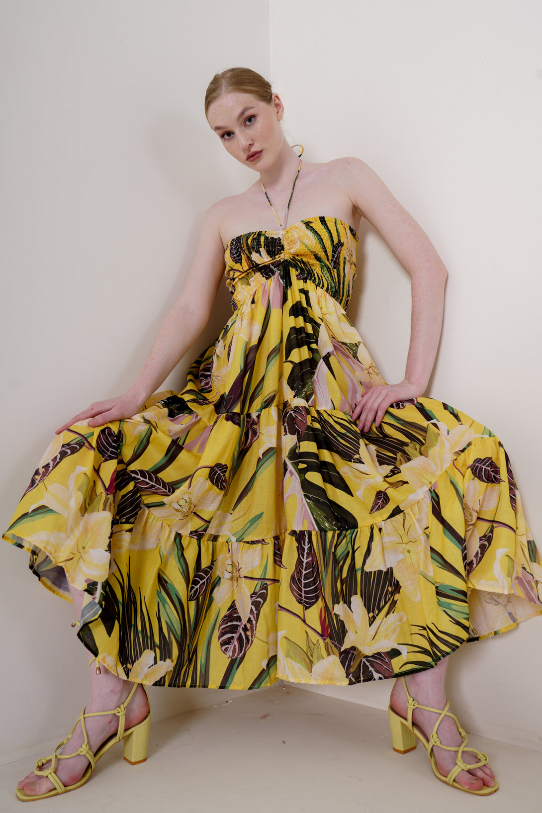 midi casual dresses for women, tiered midi dress, yellow midi summer dress, HT 360 Collective, 