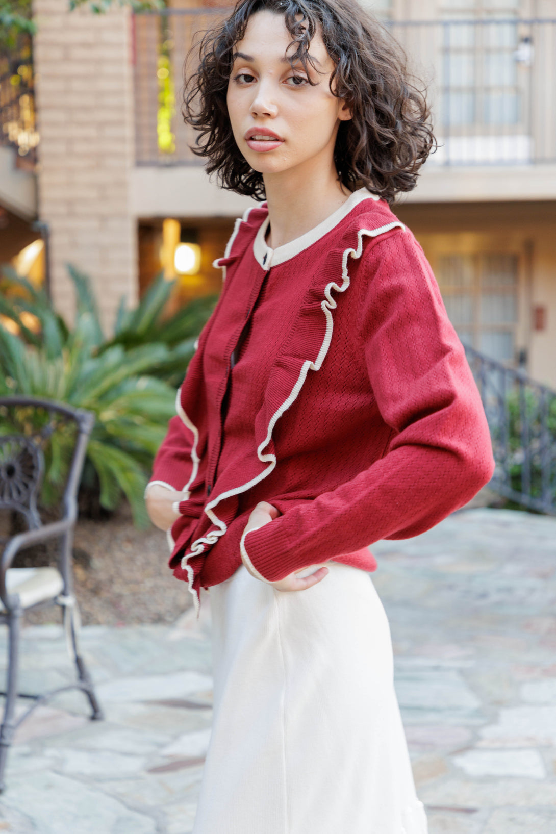  knitted sweater, short red cardigan, red button down sweater, HT 360 Collective,