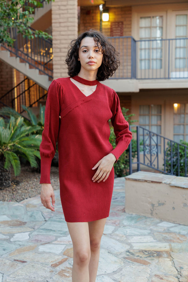  knit summer dress, red knit dress, knit dress womens, HT 360 Collective, long sleeve sweater mini dress,