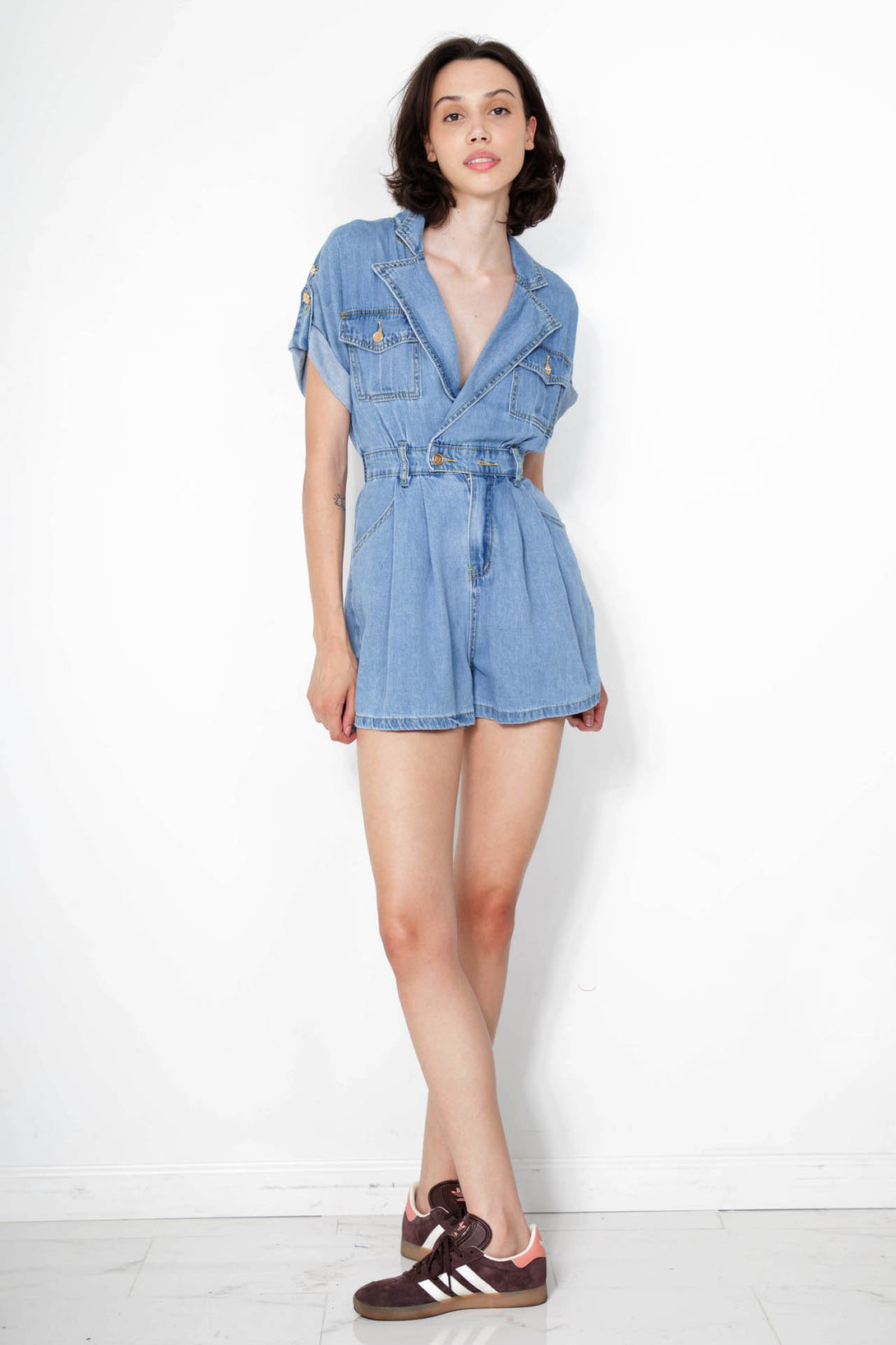 romper shorts denim, ladies denim jumpsuit, HT 360 Collective, jean romper jumpsuit,