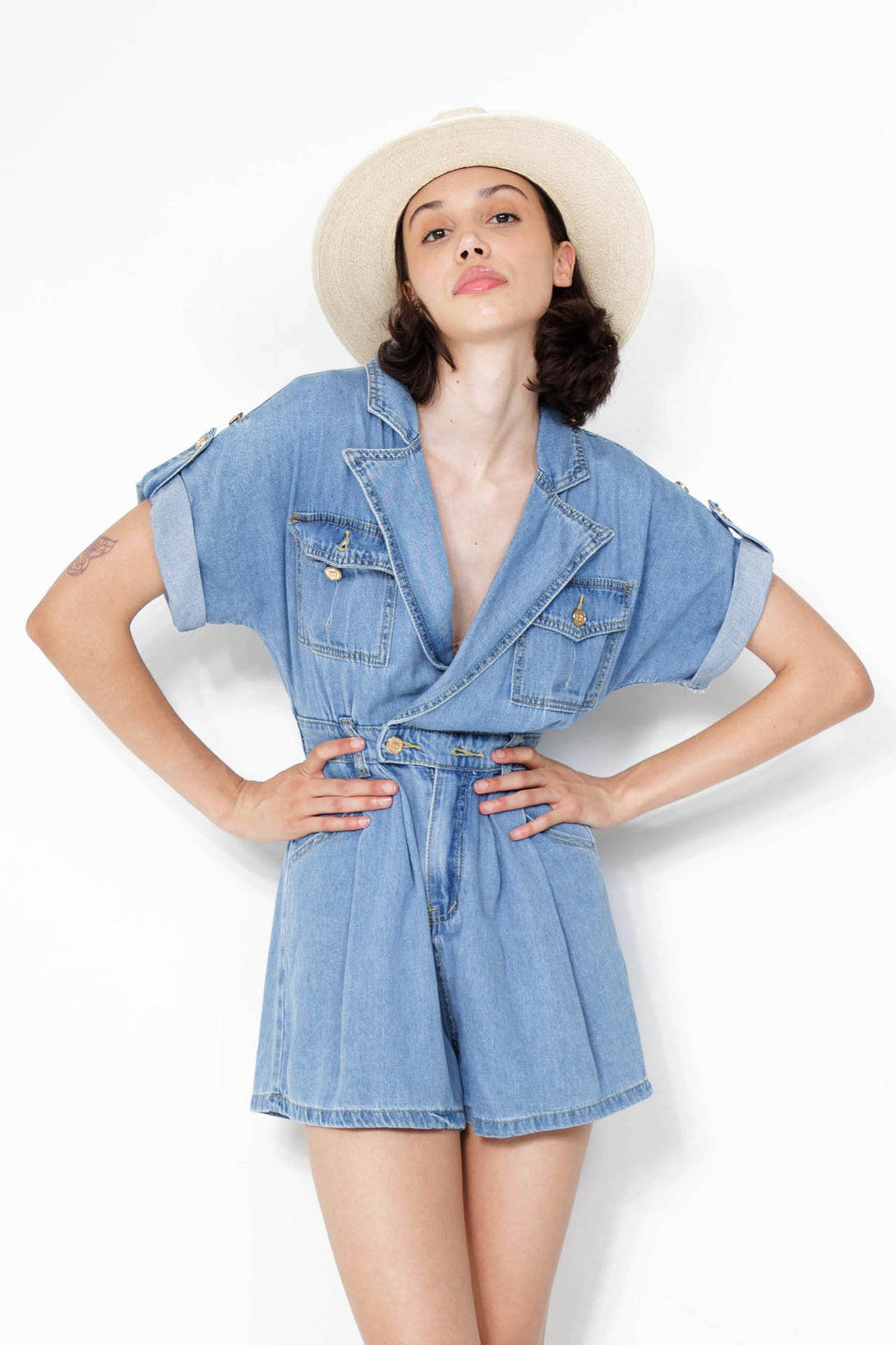 short jumpsuit denim, HT 360 Collective, romper denim shorts, romper shorts denim,