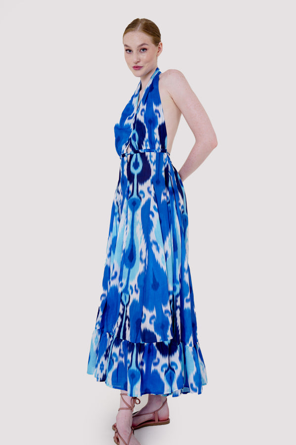 royal blue and white dress, plunging v neck formal dress, Poplin Cotton, HT 360 Collective,