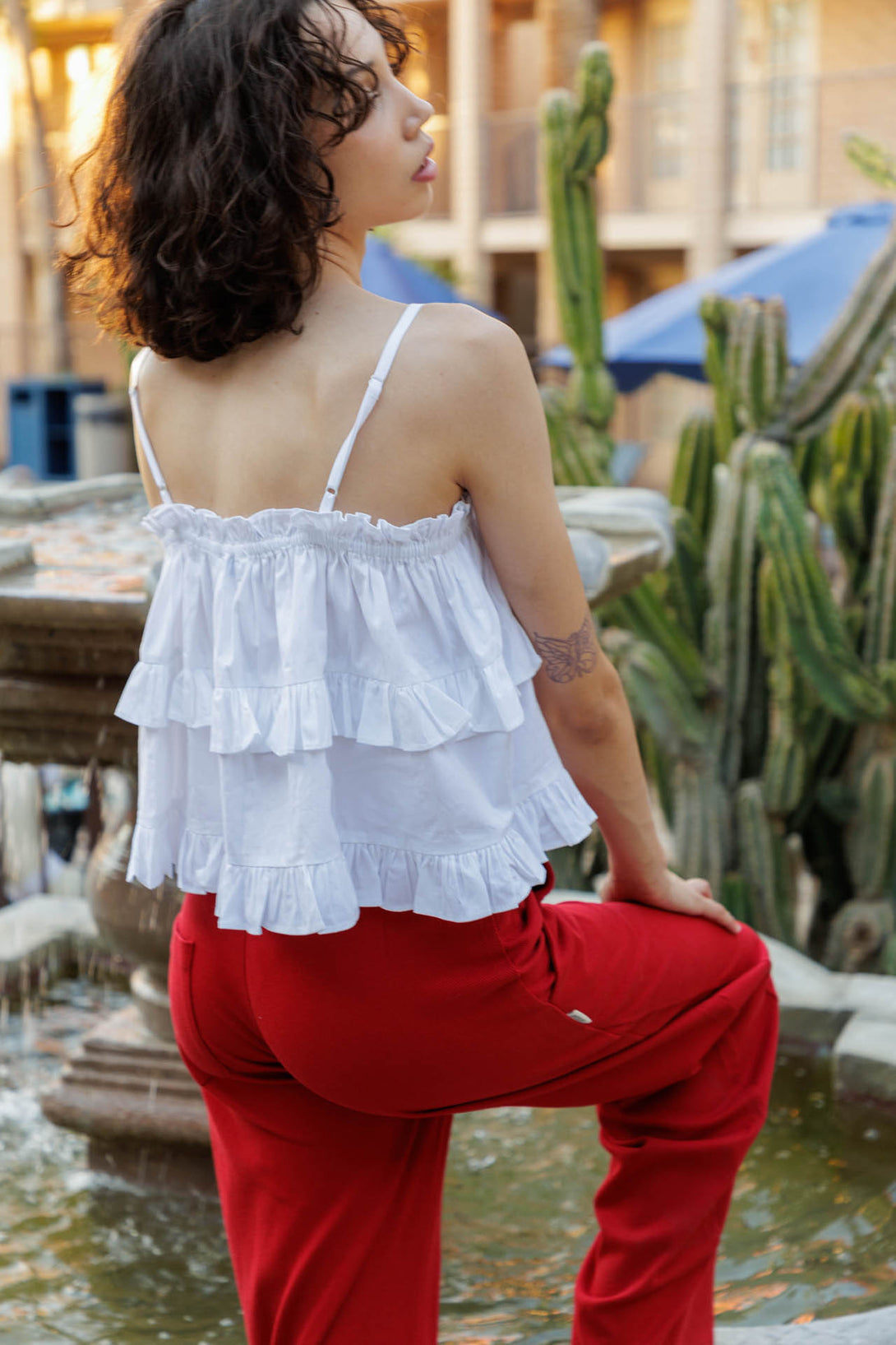 white ruffle crop top, white frill neck blouse, hyper texture, hyper haptic, HT 360 Collective,