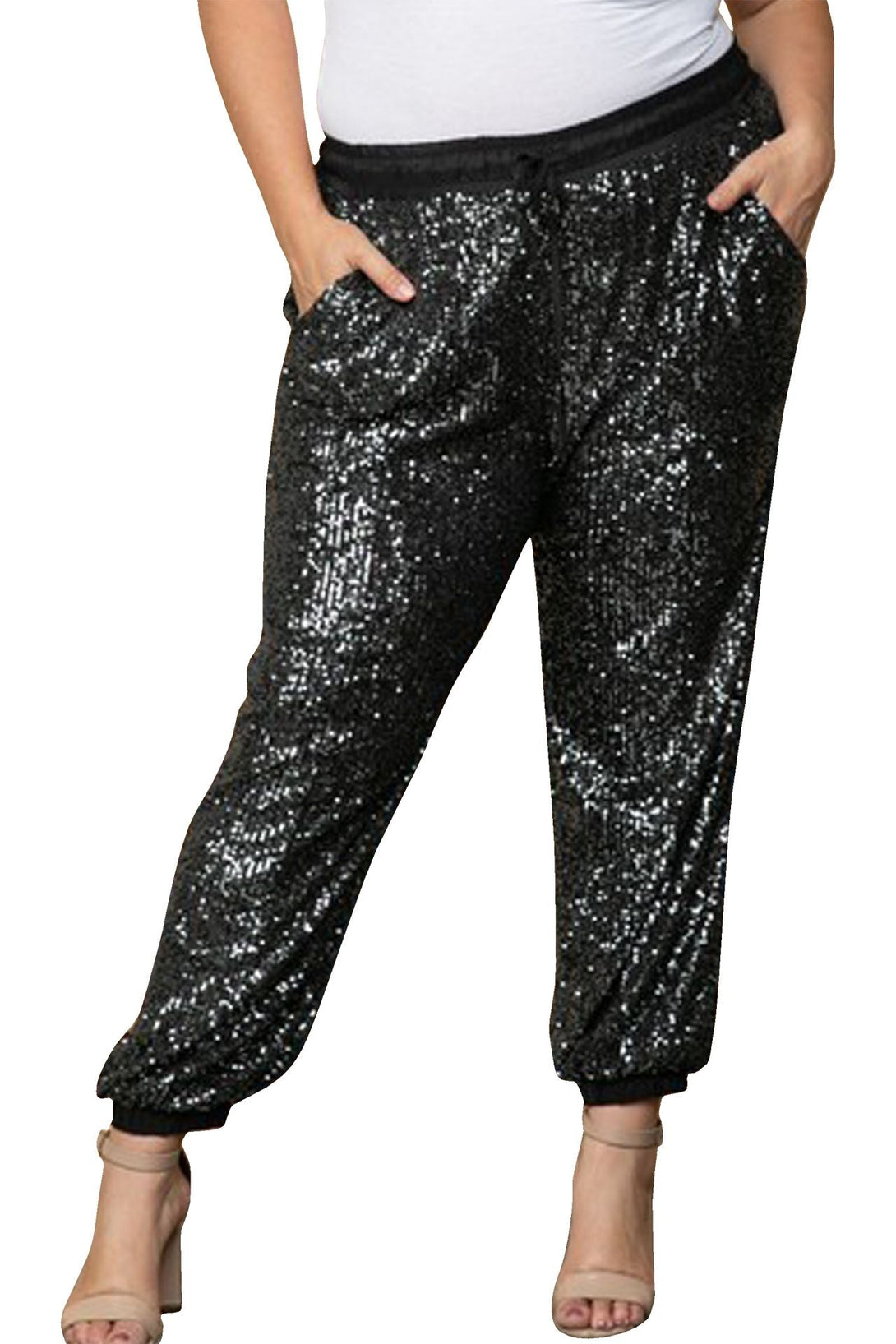 "womens sequin joggers" "HT 360 Collective" "jogger sequin pants" "women black sequin joggers" "sequin joggers womens"