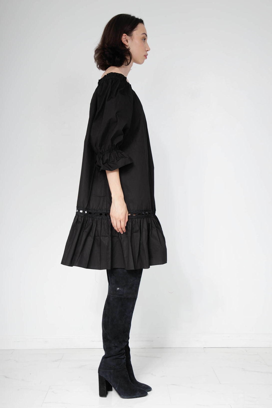 midi black dress formal, mid length formal dress, medium length black dress, HT 360 Collective, off the shoulder dress with sleeves,