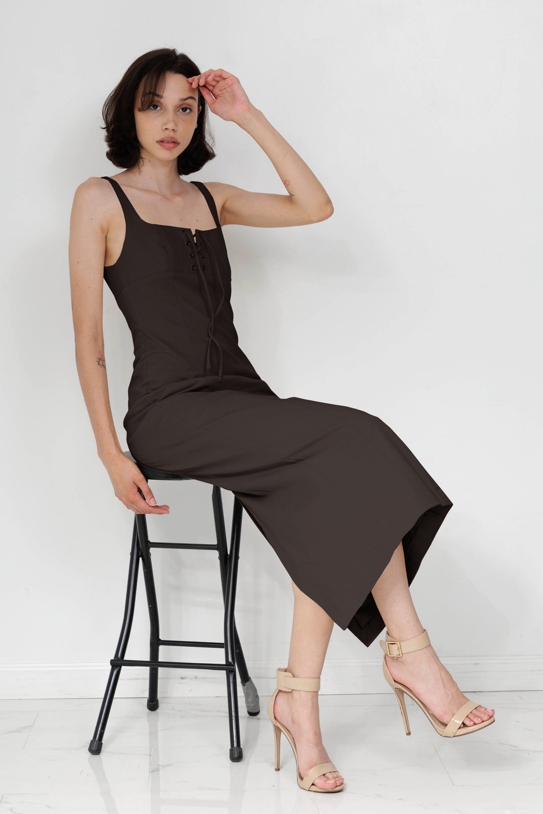 sleeveless midi dress, HT 360 Collective, midi length dresses, lace up backless dress, chocolate brown midi dress,