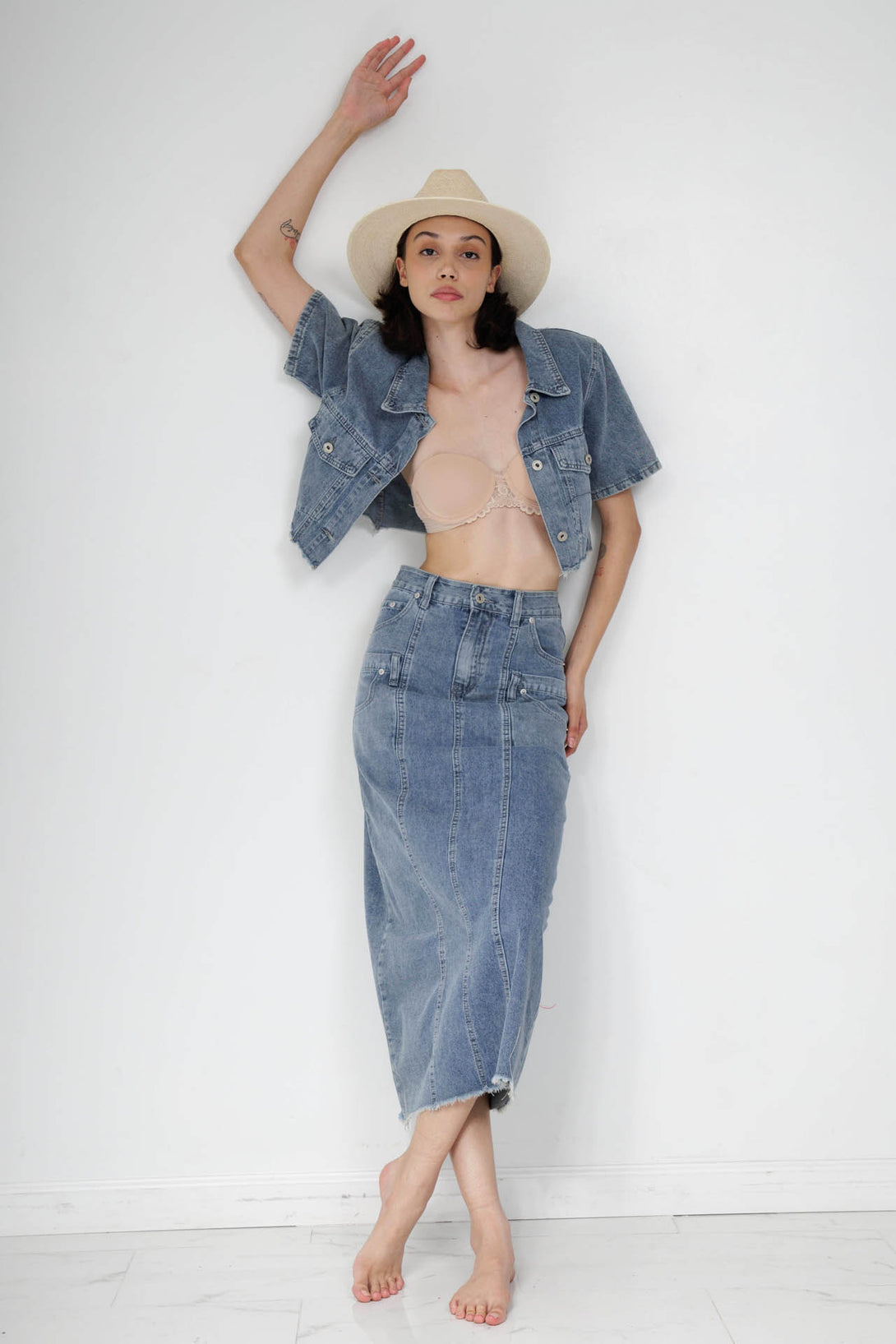 high waisted jean skirt, midi jean skirt, HT 360 Collective, knee length jean skirts,