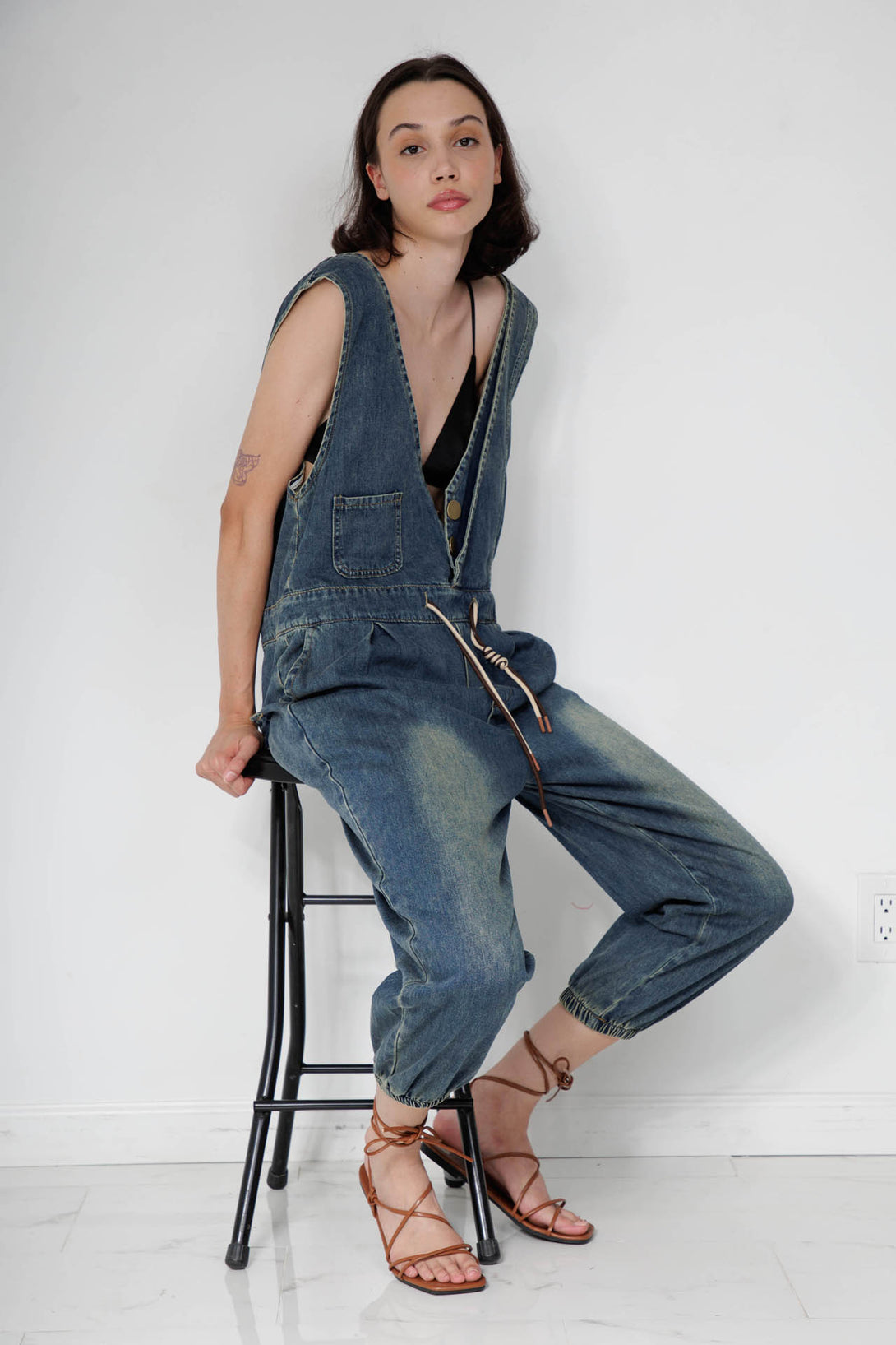 designer overalls, HT 360 Collective, wide leg denim overalls, dark denim jumpsuits,