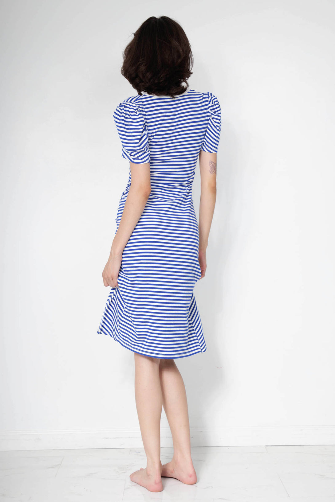 blue dress with sleeves, elegant midi dress, blue and white striped midi dress, HT 360 Collective,