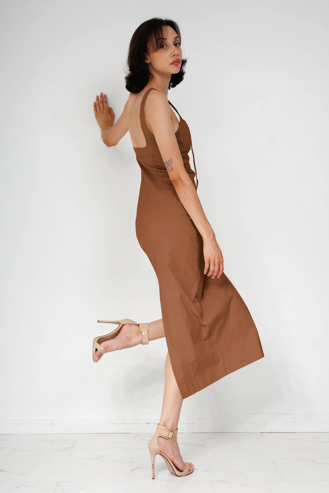 sexy midi dress, HT 360 Collective, mid length dresses, lace up bodycon dress, dark brown midi dress,