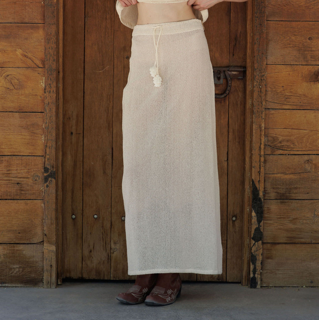 white crochet skirt, long crochet skirt, crochet knit skirt, HT 360 Collective,