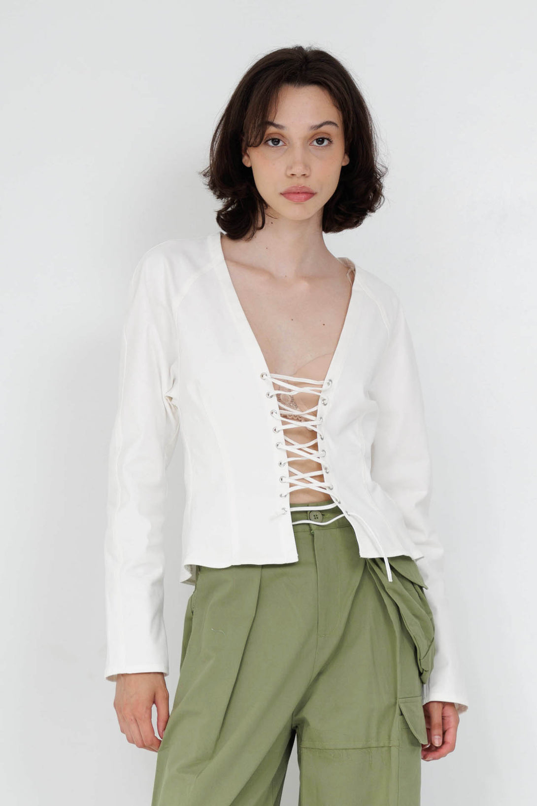 lace tie front top, white lace up top, HT 360 Collective, front tie top long sleeve,