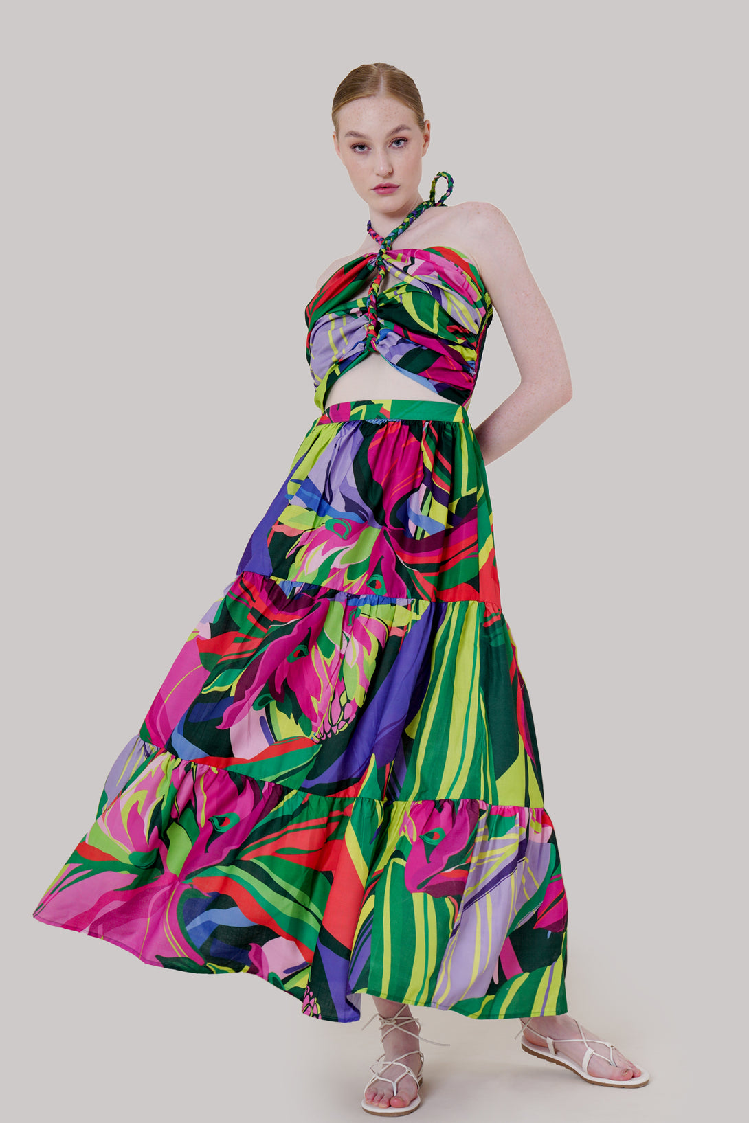 maxi multicolor dress, side cut out maxi dress, womens cut out maxi dress, HT 360 Collective,