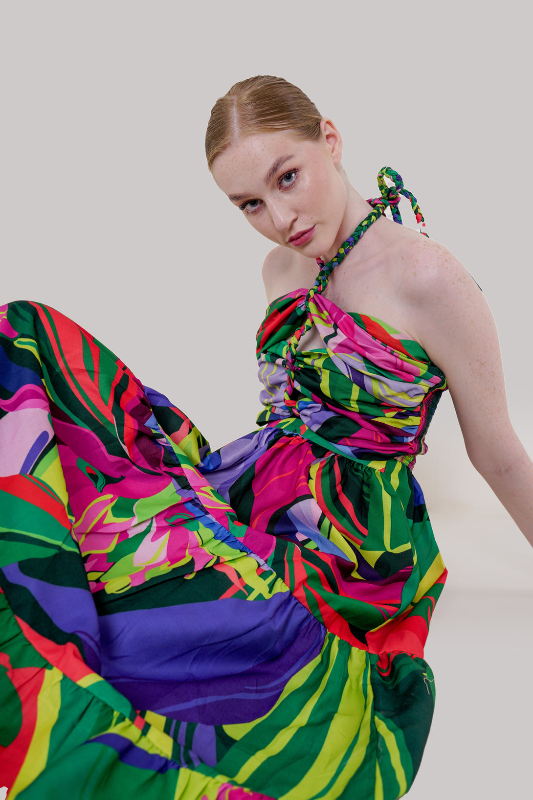 multicolour maxi dress, maxi side cut out dress, halter dress, HT 360 Collective,