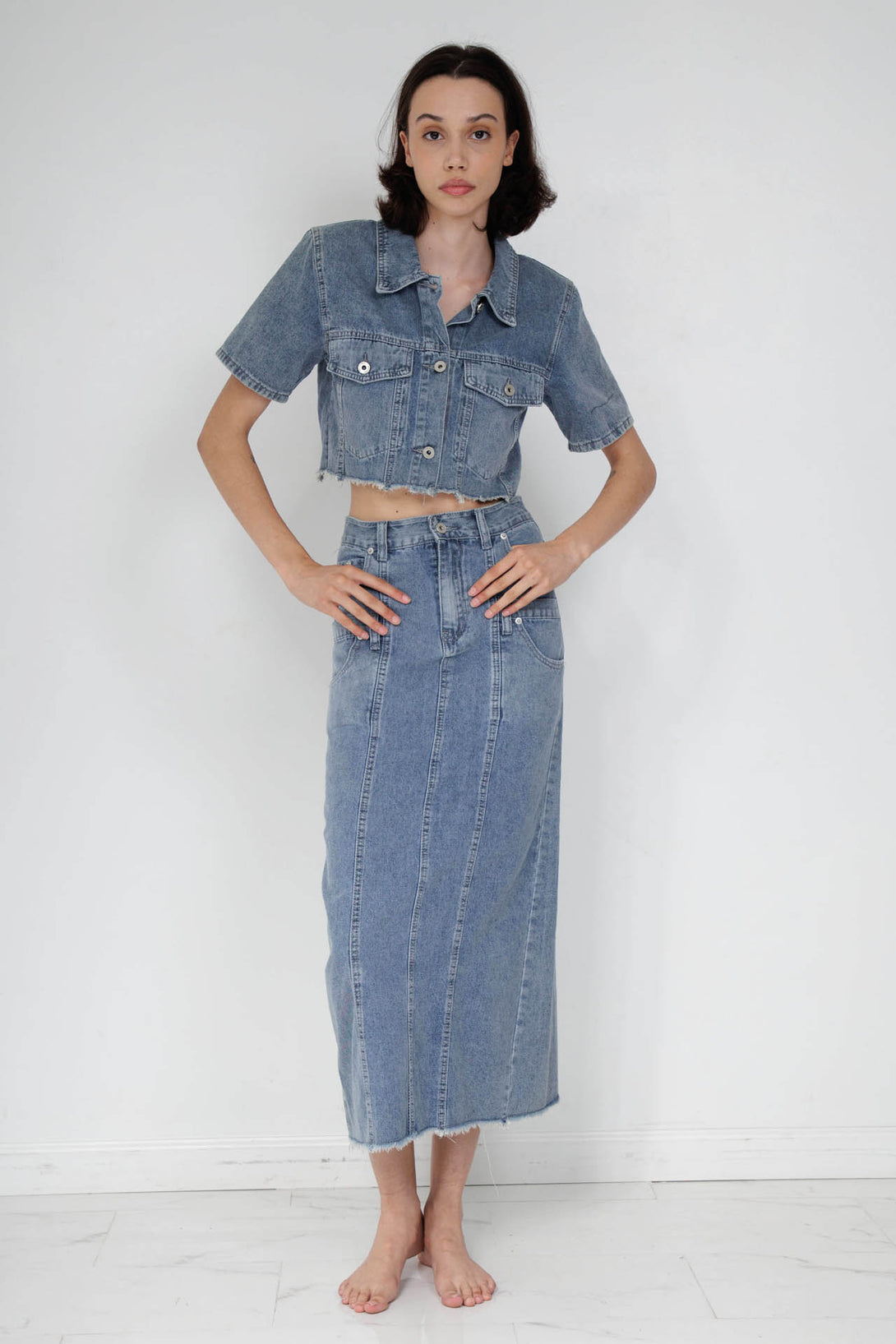 jean midi womens, womens denim midi skirt, HT 360 Collective, modest denim skirts,