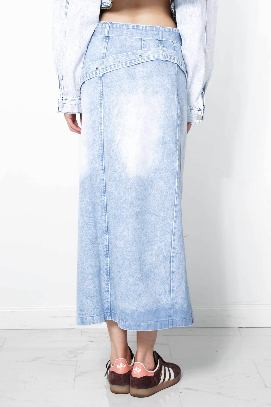  midi jean skirt, mid length jean skirt, HT 360 Collective, mid length denim skirt,