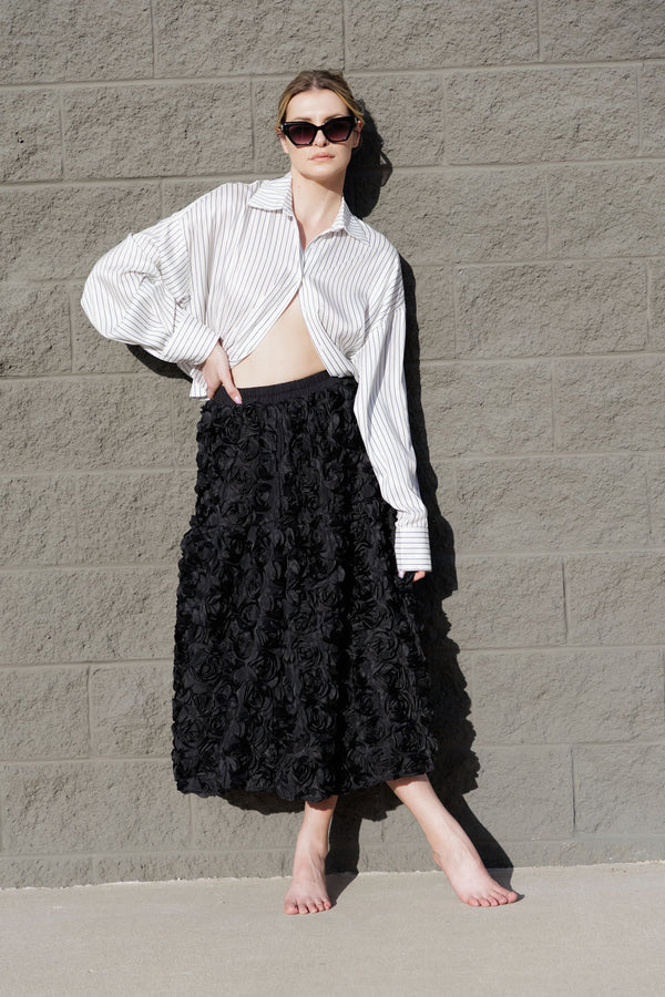  black floral midi skirt, mid skirts for women, midi skirt for women, HT 360 Collective,