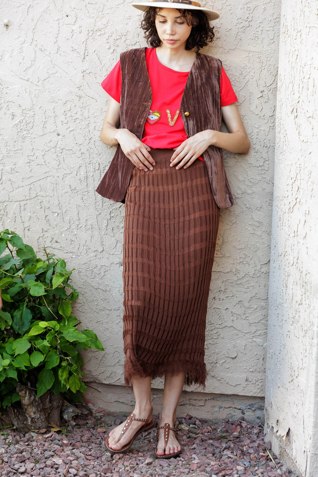 knit brown skirt, knit pencil skirt midi, HT 360 Collective, brown knit skirt,