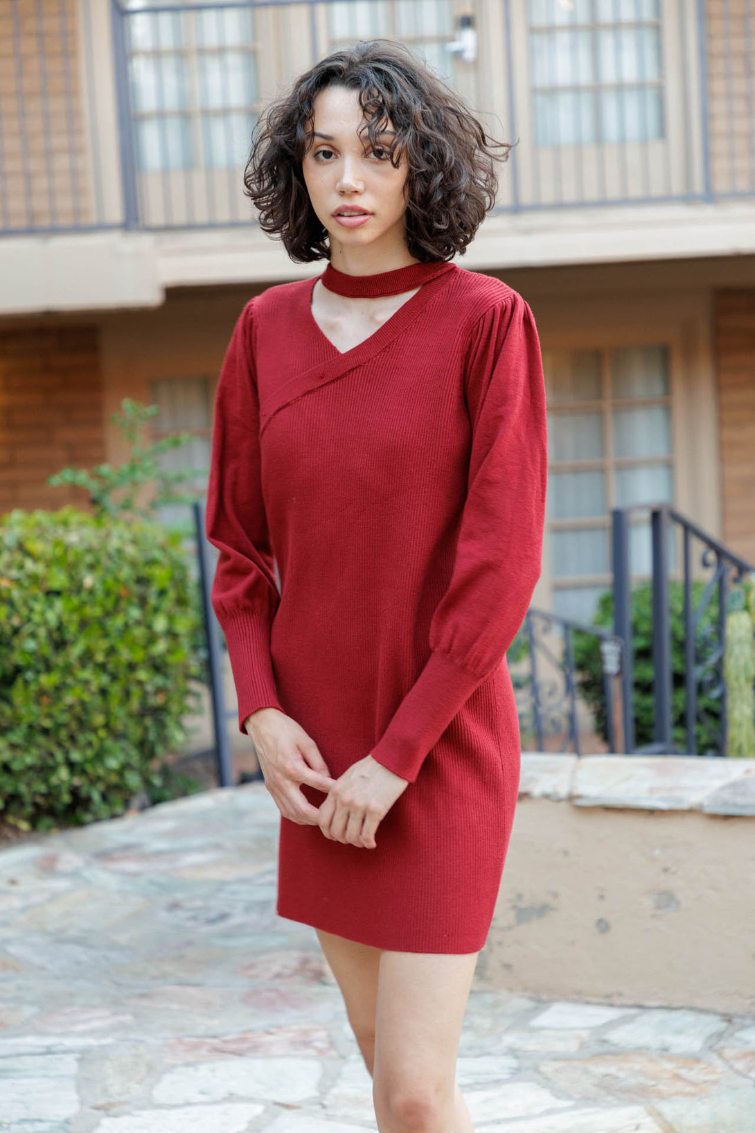  red knit sweater dress, knit dresses with sleeves, HT 360 Collective, long sleeve sweater mini dress,