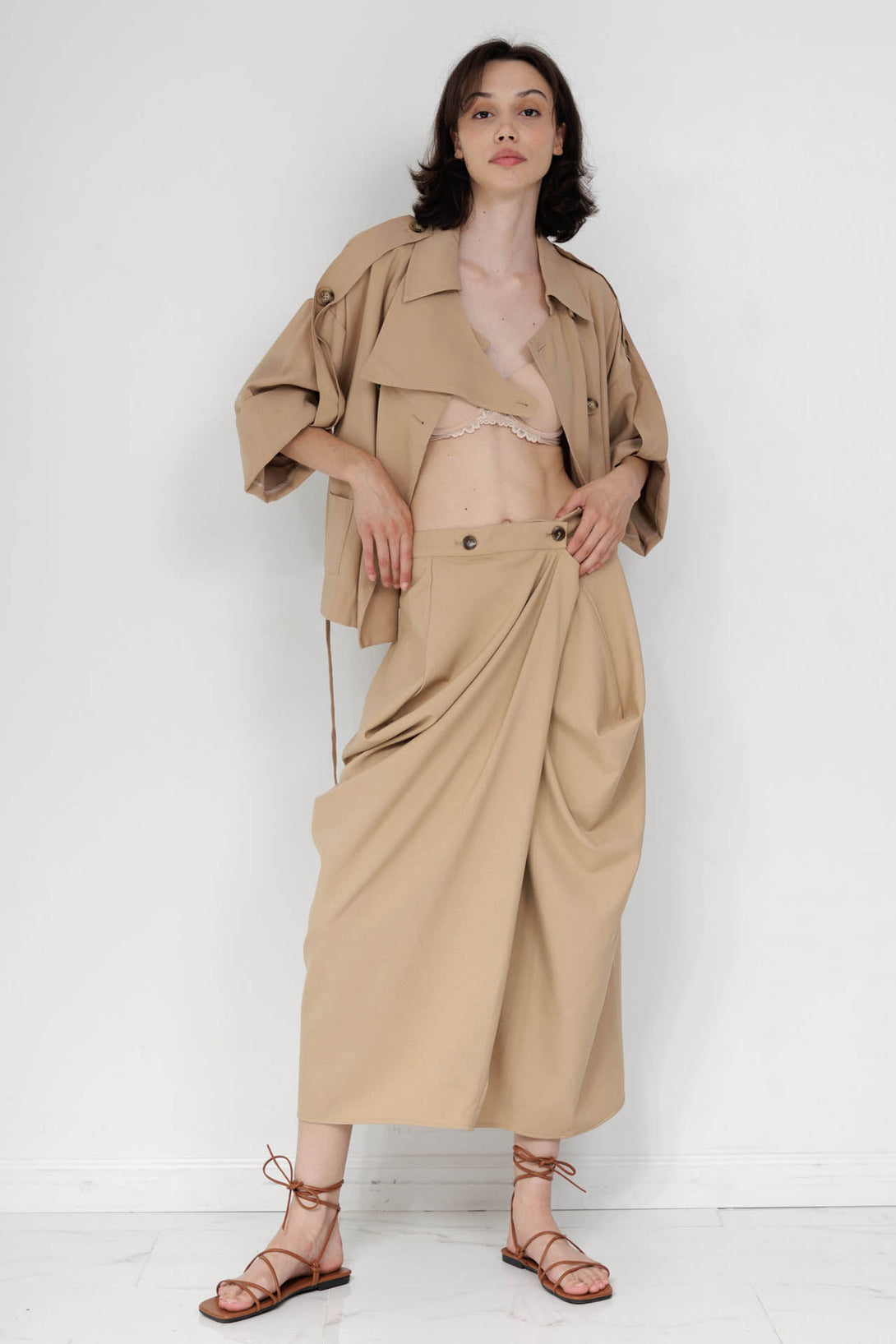 wrap skirt brown, skirt with wrap front, HT 360 Collective, wrap skirt fashion,