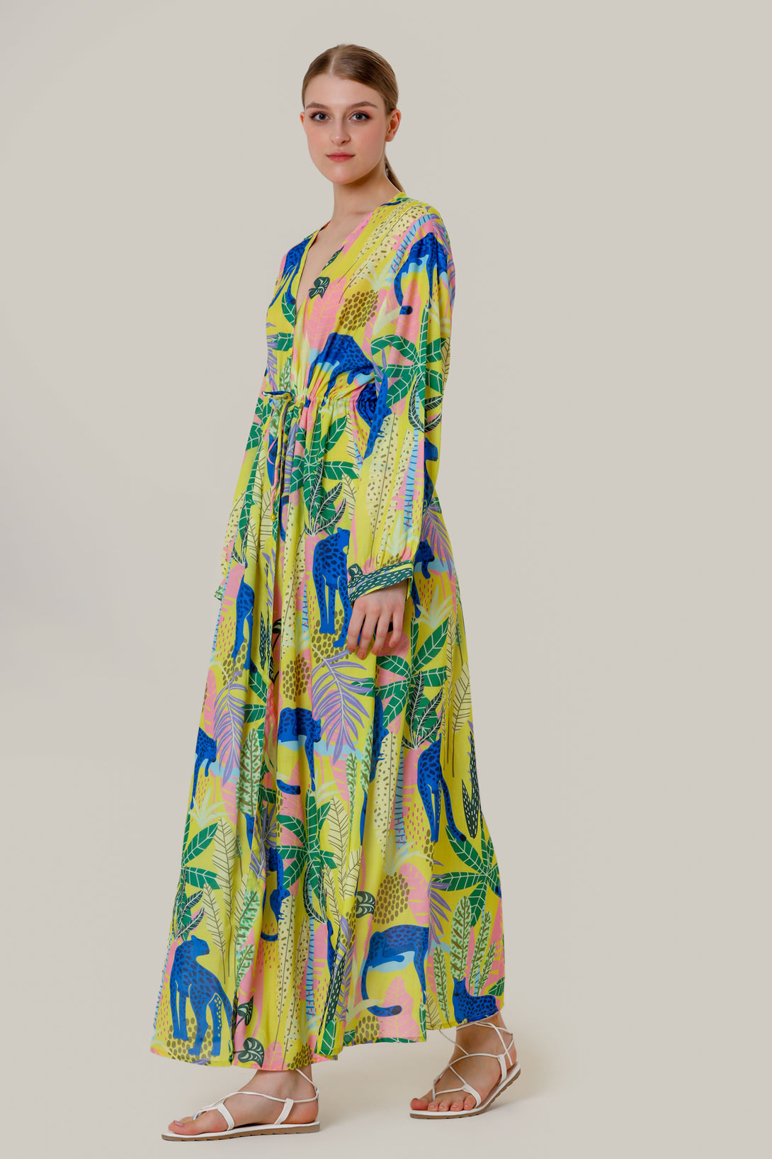 yellow flowy maxi dress, long sleeve maxi dress, long sleeve long dress, HT 360 Collective,