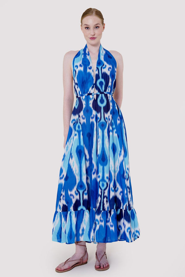 high neckline halter dress, blue summer dress, deep plunge neckline dress, long maxi dress,