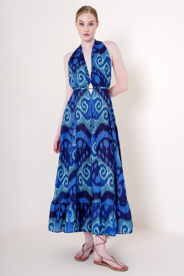high neckline halter dress, blue summer dress, deep plunge neckline dress, long maxi dress,
