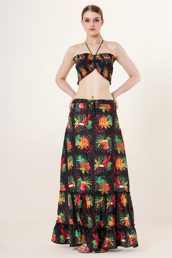 "floor length maxi skirt" "patterned maxi skirt" "black flowy skirt" "fruit print skirt"