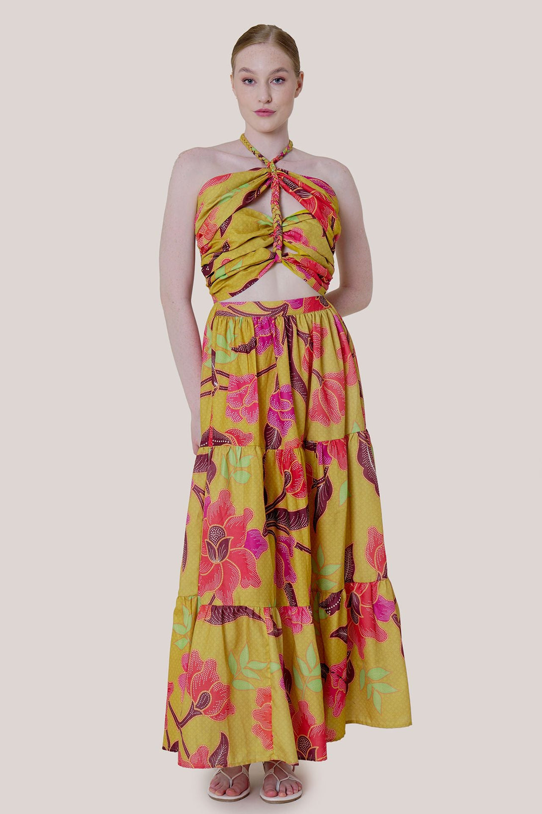 "off shoulder maxi" "maxi dress yellow floral" "floor length dress" "long side cut out dress"