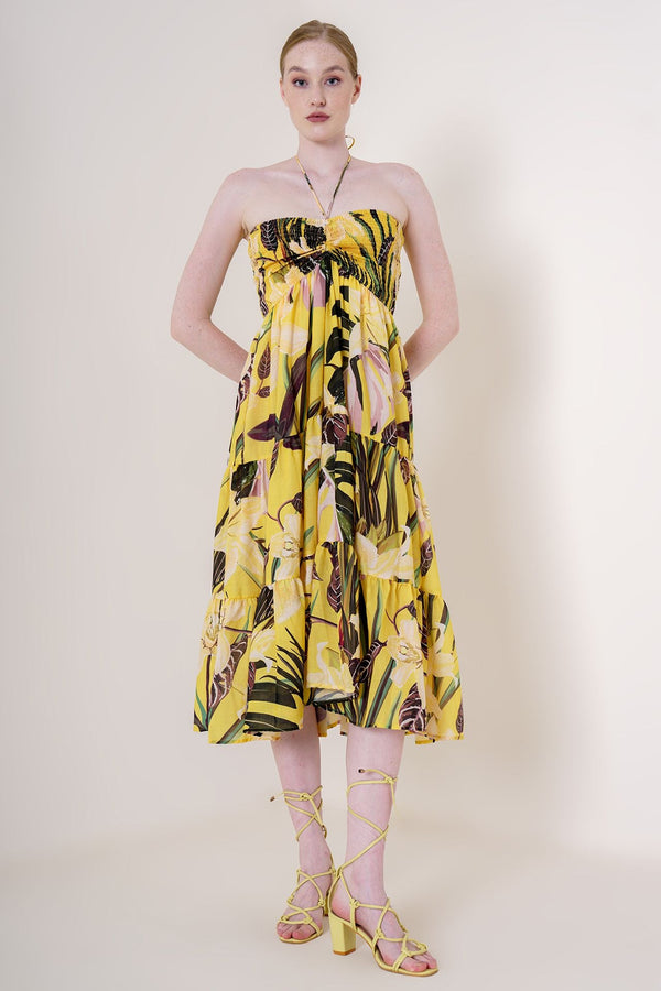 yellow summer midi dress, tiered midi dress, convertible maxi dress,