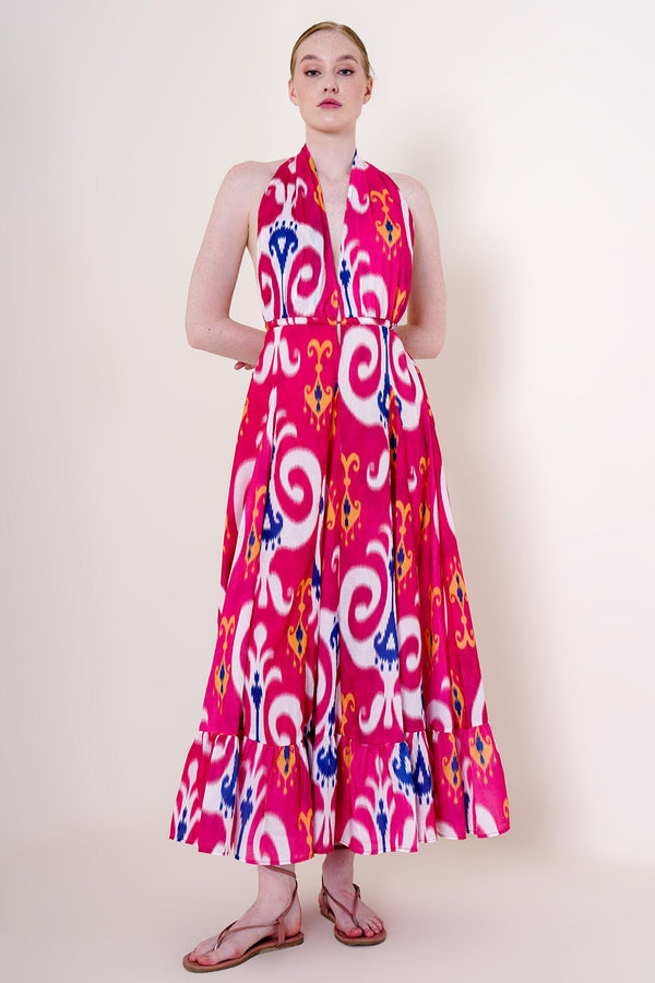 high neckline halter dress, hot pink color dress, deep plunge neckline dress, long maxi dress,