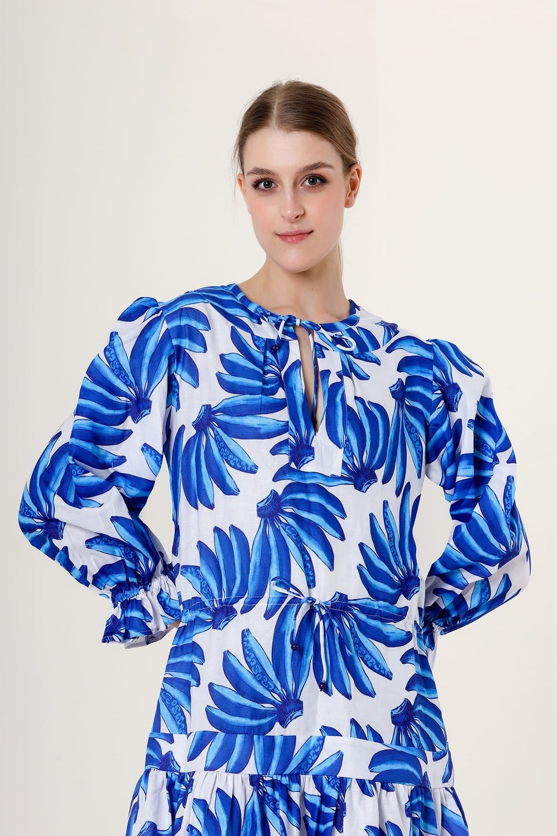 Designer Blue And White Midi Dress | Cocktail Dress Midi With Sleeves Medium / Blue Designer Blue And White Midi Dress | Cocktail Dress Midi With Sleeves Medium / Blue