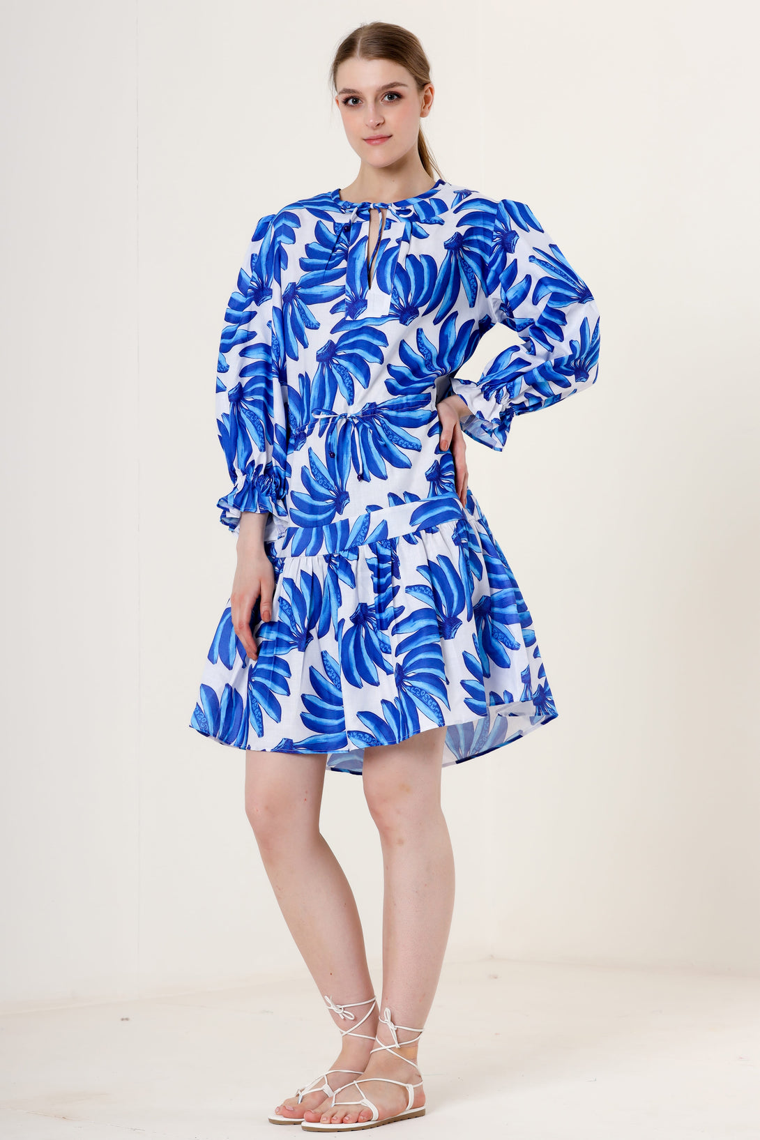 Designer Blue and White Midi Dress | Cocktail Dress Midi with Sleeves Medium / Blue Designer Blue and White Midi Dress | Cocktail Dress Midi with Sleeves Medium / Blue